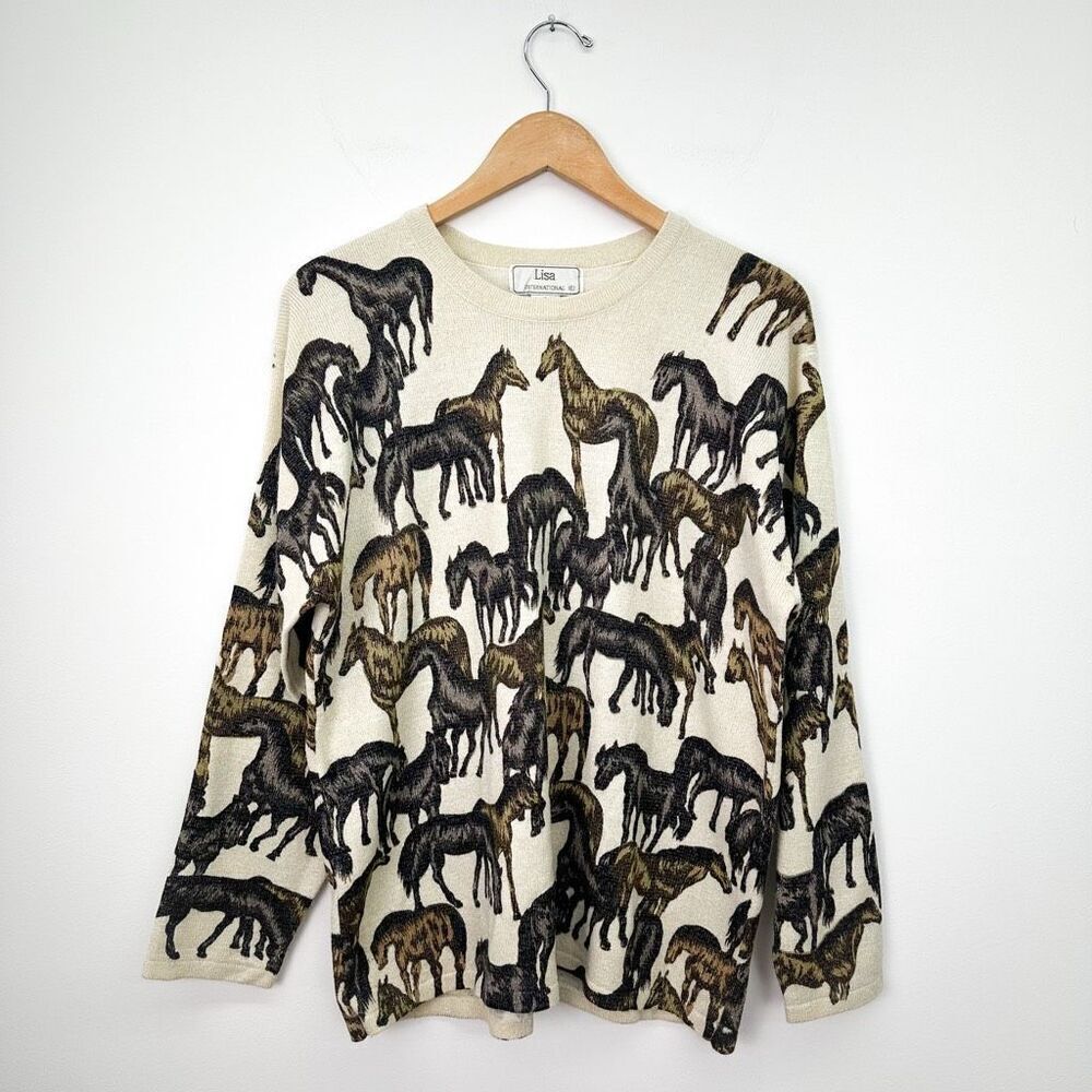 Lisa International Women’s Cream Metallic 90s All Over Horse Equestrian Novelty